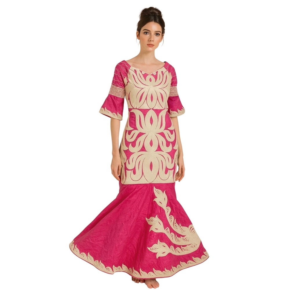 H&D Women African Bazin‎ Riche Mermaid Gown Fuchsia Pink Embroidered Dress Large